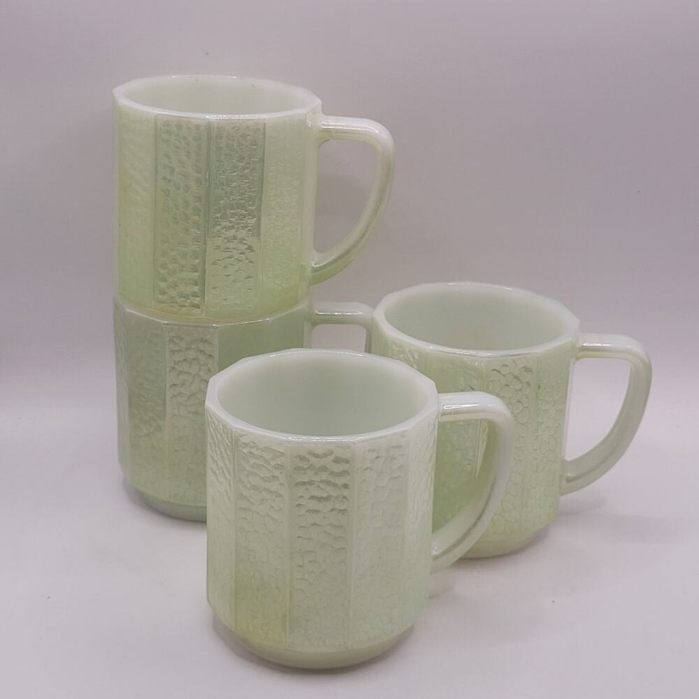 Vtg Federal Milk Glass Textured Iridescent Opalescent Green Mug Set of 4